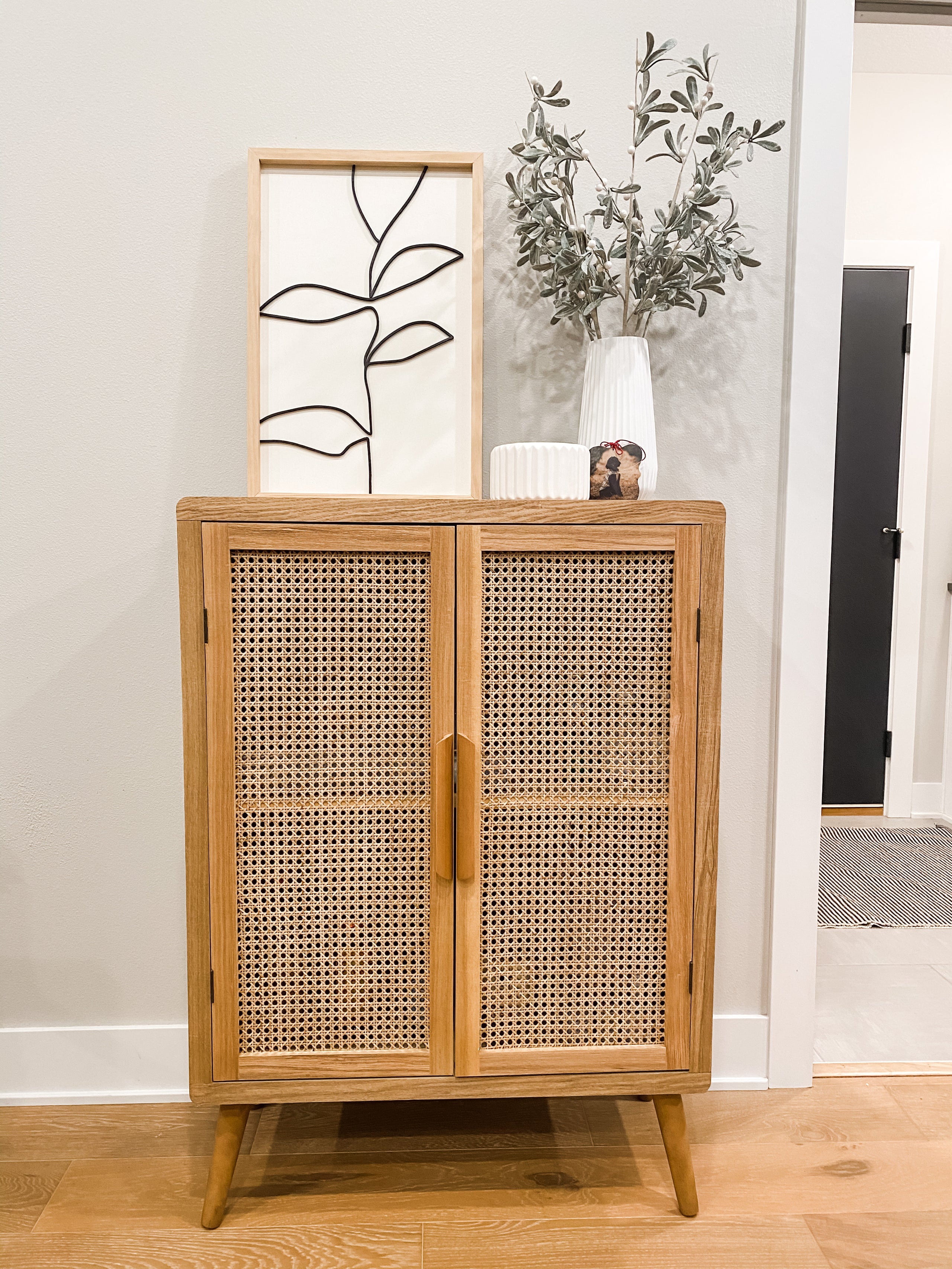 KALALOU Tall Wood Cabinet with 2 Woven Cane Doors